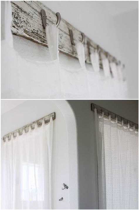 Farmhouse Living Room Curtains, Wood Curtain Rods, Farmhouse Window Treatments, Old Benches, Unique Curtains, Wood Curtain, The Curtains, Farmhouse Windows, Farmhouse Curtains