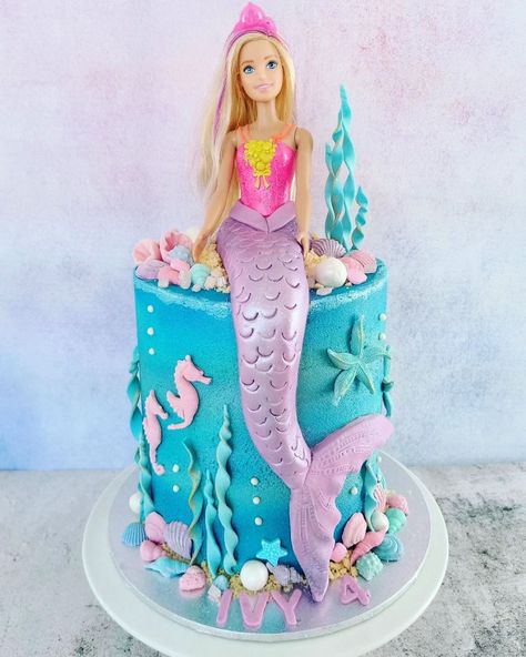 Mermaid Cake With Barbie, Mermaids Cake Birthday, Mermaid Princess Cake Ideas, Barbie Mermaid Cakes For Girls Birthday, Mermaid Doll Cake Ideas, Mermaid Birthday Cake With Doll, Barbie Mermaid Power Birthday, Elsa Mermaid Cake, Mermaid Cake Barbie