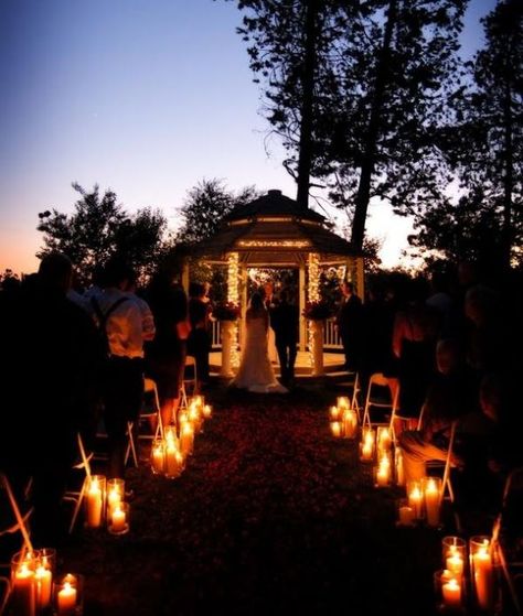 candle aisle Gazebo Wedding Ceremony, Evening Wedding Ceremony, Candle Light Wedding, Colin Cowie Wedding, Night Time Wedding, Backyard Wedding Ceremony, Wedding Alters, Gazebo Wedding, Night Wedding