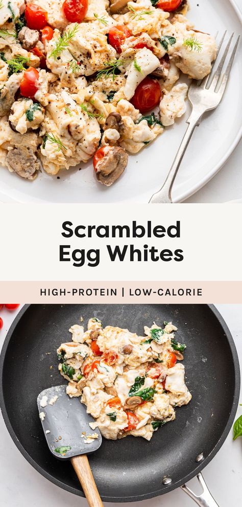 Start your morning with these light and fluffy scrambled egg whites. They're packed with spinach, mushrooms and tomatoes for a quick and easy, high-protein, low-calorie breakfast recipe! Egg White Tacos, Egg White Scramble Recipes, Easy Egg White Recipes, Eggwhite Breakfast Ideas, Low Calorie Egg Recipes, Egg Whites Recipes, Egg White Breakfast Recipes, Recipe Using Egg Whites, Scrambled Egg Whites