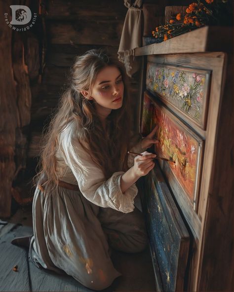 Feyre painting the Archeron dresser 🎨 I’ve created this scene in the past, but I figured it needed a little update as it was such a lovely … | Instagram A Court Of Mist And Fury Feyre, Acotar Fanart Scenes, Acotar Feyre Painting, Feyre Cabin Painting, Acotar Paint Scene, Feyre Archeron Human, Acotar Feyre Fanart, Feyre Dresser Painting, Acomaf Inn Scene