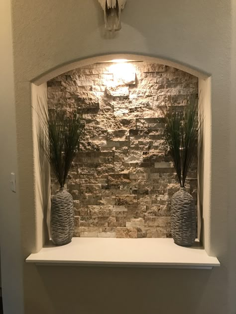 Alcove Ideas Entryway, Entryway Stone Walls, Outdoor Niche Ideas, Curved Niche Decor, Nitch Ideas Decor, Large Niche Decor Ideas, Niche Design Wall Living, Diy Wall Niche, Recessed Wall Niche Decor