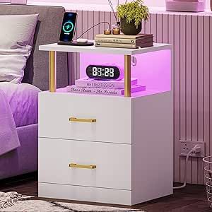 VIAGDO LED Night Stand with Charging Station and USB Ports, White Night Stand with 2 Drawers, Modern End Side Tables with Open Storage, Bedside Tables for Bedroom, Office Led Bedside Table, Black Nightstand, Nightstand With Charging Station, Nightstand Set Of 2, Bedside Table Storage, 3 Drawer Nightstand, Bedroom Bedside Table, White Nightstand, White Rooms