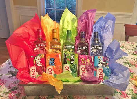 Alcohol Auction Basket Ideas, Pride Gift Basket, Beef And Beer Fundraiser Ideas, Liquor Gift Basket Ideas, Liquor Basket, Prize Baskets, Bowling Fundraiser, Raffle Gift Basket Ideas, Drink Basket