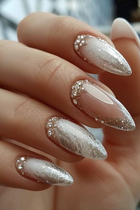 White Nails With Designs 2024, Silver Nail Designs Acrylic, Nail Bling Designs Rhinestones, Cut Dog Nails, Bling Nail Art, Bridal Nails Designs, Gold Nail, Nail Art Wedding, Trim Nails