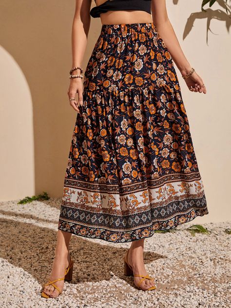 Multicolor Boho Collar  Polyester Floral,All Over Print Flared Embellished Non-Stretch Spring/Summer/Fall Women Bottoms Sunday Fashion, Travel Skirt, Bohemian Travel, Two Piece Set Pants, Ruffle Hem Skirt, Women Bottoms, Small Clothes, Bohemian Print, Cotton Clothing