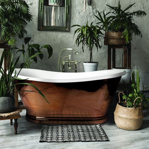 Traditionally handcrafted in the same manner that has been used for centuries, this BC Designs 1500mm freestanding boat bath will create a statement in any traditional bathroom setting. This beautiful finish features authentic characteristics such as blemishes and gentle undulations, making this bath not only distinctive but unique to you.   	   Handmade using traditional techniques, copper is a living finish and will patina over time. This bath will need preserving to maintain the finish, so pl Double Ended Bath, Copper Bath, Copper Bathtubs, Bohemian Bathroom, Boho Bathroom Decor, Copper Bathroom, Roll Top Bath, Standing Bath, Boho Bathroom