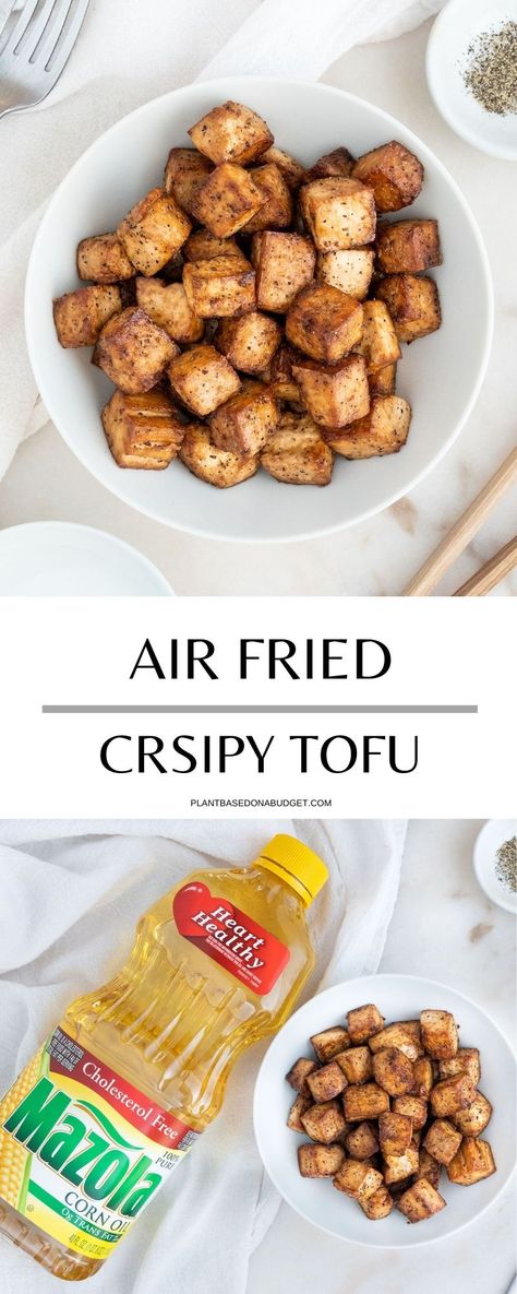 You'll have the crispiest Tofu with this amazing AirFryer friendly recipe! Check out this blog post: https://plantbasedonabudget.com/super-simple-air-fried-tofu/ #tofu #air #fryer #oil #crispy #vegan #soy #easy #plantbased #MyMazolaMoment Cornstarch Tofu, Tofu Cornstarch, Tofu Air Fryer, Tofu Crispy, Air Fried Tofu, Air Fryer Tofu, Cooking Tofu, Meatless Meal, Mapo Tofu