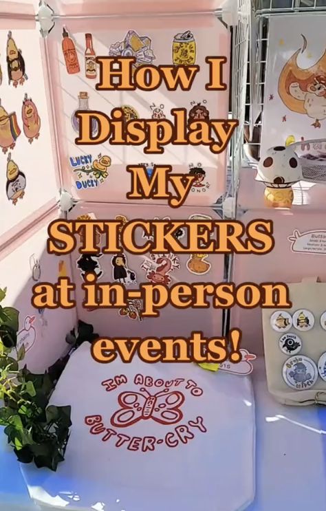 Pop Up Shop Sticker Display Ideas, Vendor Booth Sticker Display, Ways To Display Stickers For Sale, Craft Fair Sticker Display Ideas, Vendor Booth Display Ideas Stickers, Displaying Stickers For Sale, Sticker Display For Craft Show, Sticker Selling Display, Diy Sticker Display Ideas