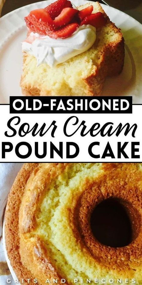 Make a delicious, old-fashioned sour cream pound cake from scratch with this recipe! This southern recipe makes a moist pound cake with a thick, crunchy crust. The recipe is a family favorite dessert that you will want to try for yourself! Make this vintage homemade dessert for a family party or for Easter. It's sure to be a favorite! Pound Cake Recipes Moist, Dessert Nouvel An, Vintage Desserts, Old Fashioned Pound Cake, Caramel Custard, Moist Pound Cake, Angel Food Cake Pan, Southern Recipe, Sour Cream Pound Cake