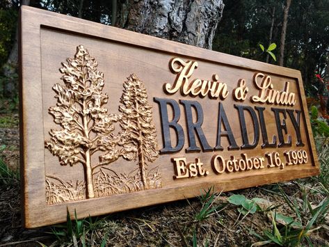 Custom Last Name Sign with Trees Hunting Lodge Decor, Woodworking Plans Patterns, Wooden Carved Signs, Wooden Signs Diy, Cabin Signs, Tree House Decor, Personalized Wood Signs, Wood Wedding Signs, Rustic Wedding Signs