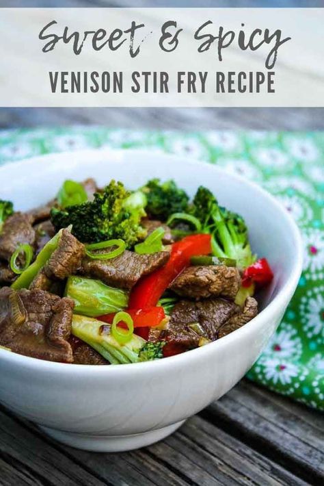 Sweet and Spicy Venison Stir Fry is a quick and easy meal made with venison steak strips and fresh broccoli and peppers #venison #stirfry #healthy #GHBrecipes Venison Stir Fry Recipe, Venison Stir Fry, Keto Stir Fry, Venison Steak, Mapo Tofu, Stir Fry Recipe, Wild Game Recipes, Venison Recipes, Minced Meat