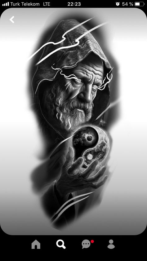 Zeus Tattoo Design Ideas, Black Grey Tattoo Design, Black And Grey Tattoo Design, Tattoo Yin Yang, Realistic Tattoo Design, Black Grey Tattoo, Wizard Tattoo, Yin Yang Tattoo, Tattoo Black And Grey