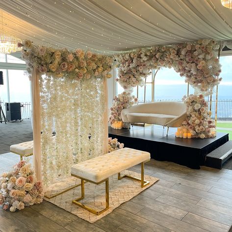 A perfect blend of beauty and elegance – a Nikkah partition with a pretty sofa stage. Styling, decor, flowers and set up by @museweddingsandevents Venue @panoramahouse.bulli Nikkah Backdrop Stage Decorations, Home Nikkah Setup, Nikkah Flower Partition, Nikah Partition Decor, Nikkah Partition Decor, Wedding Partition, Nikkah Stage Decoration, Nikkah Set Up, Nikkah Decor At Home