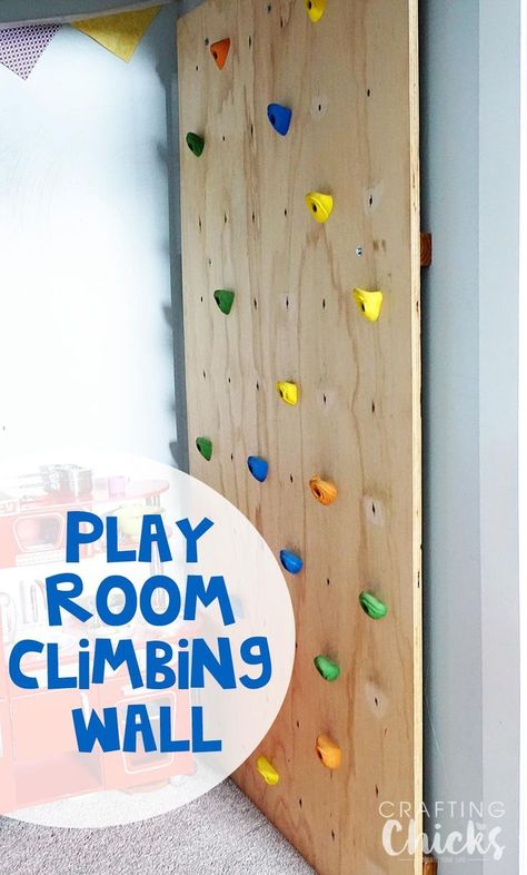 DIY Indoor Climbing Wall - A fun addition to a play room! Plywood Climbing Wall, Diy Indoor Rock Wall For Kids, Wall Climbing Kids Room, Indoor Rock Wall, Diy Rock Climbing Wall, Toddler Climbing Wall, Kids Rock Climbing, Diy Climbing Wall, Climbing Wall Kids