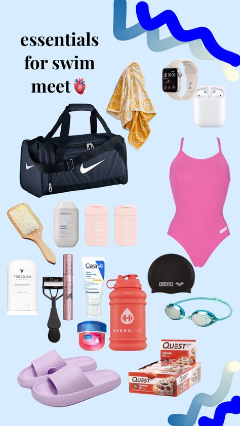 Swimming Needs List, Swim Essentials Bag, What To Pack In Your Swim Bag, Swimming Packing List, Swimming Gear Accessories, Swimmer Outfits Swim Team, Hairstyles For Competitive Swimming, What To Put In Your Swim Bag, How To Look Good While Swimming