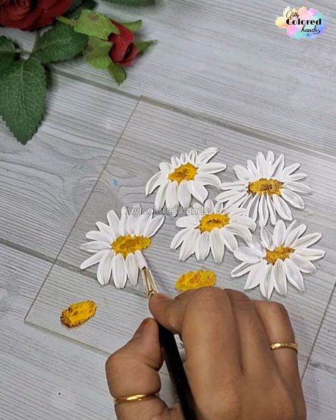 Beautiful daisies painting on Acrylic sheet | Beautiful daisies painting on Acrylic sheet | By My colored hands Art With Transparency Sheets, Clear Acrylic Sheet Painting, Painting On Plastic Sheet, Painting On Clear Acrylic Sheet, Painting On Acrylic Sheets Diy, Painting On Glass Sheet, Painting On Acrylic Sheets, Acrylic Sheet Diy Projects, Paint On Acrylic Sheet