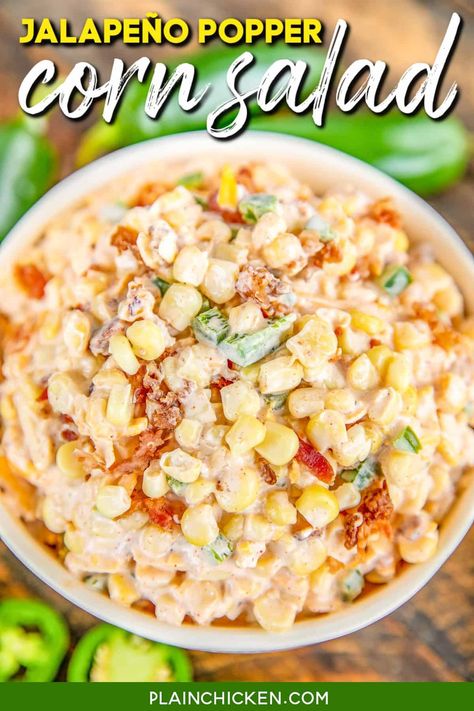 Jalapeño Popper Corn Salad - crazy delicious creamy corn salad. I made this for a cookout and it was gone in a flash! I should have doubled the recipe!! Corn, jalapeños, bacon, mayonnaise, cream cheese, sour cream, onion, garlic, chili powder, paprika, pepper jack cheese, and cheddar cheese. Can make in advance and refrigerate overnight. A real crowd pleaser! Creamy Corn Salad, Easter Side Dishes Vegetables, Ground Chicken Burgers, Grilled Chicken Tacos, Potluck Side Dishes, Paprika Pepper, Easter Side Dishes, Easter Dinner Recipes, Creamy Corn