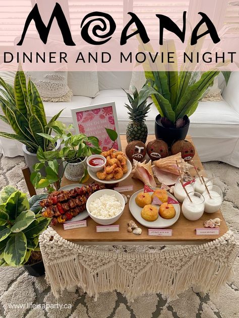 Moana Themed Party -Dinner and A Movie Night via @lifeisapartyca Night At The Museum Movie Night Food, Elemental Themed Food, Disney Movie Themed Dinner, Princess Dinner, Themed Dinners Ideas, Disney Themed Movie Night, Disney Movie Night Food, Disney Themed Food, Disney Movie Night Dinner