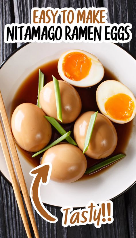 Easy Nitamago Ramen Eggs Recipe - Wasian Cookery Soft Boiled Eggs For Ramen, Seasoned Eggs Ramen, How To Make Ramen Eggs, Ajitama Egg Recipe, Ramen Egg Marinade, Japanese Ramen Egg Recipe, Ramen Egg Recipe, Ramen Eggs, Pegan Recipes