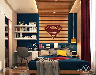 Boy's Superman Bedroom .. Mountain view Superman Room Decor, Superman Bedroom, Superman Room, Bedroom Mountain, Marvel Bedroom, Marvel Room, Boy Toddler Bedroom, Modern Style Bedroom, Boy Bedroom Design