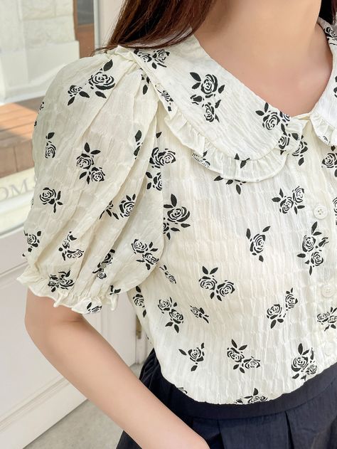 Apricot Cute Collar Short Sleeve Fabric Floral Top Embellished Non-Stretch  Women Clothing Collared Tops Women, Trend Tops For Women, Styling Floral Tops, Vintage Blouses For Women, Floral Print Tops For Women, Collar Tops For Women, Flower Top Outfit, Fashion Tops Blouse Style, Printed Tops For Women