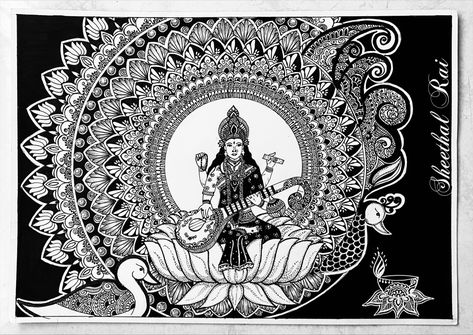 My Goddess Saraswati Mandala for Vasant Panchami. Saraswati Goddess Mandala Art, Goddess Mandala Art, Saraswati Mandala Art, Sketch Mandala, Ambe Maa, Vasant Panchami, Mandala Inspiration, Goddess Saraswati, Sketches Doodles