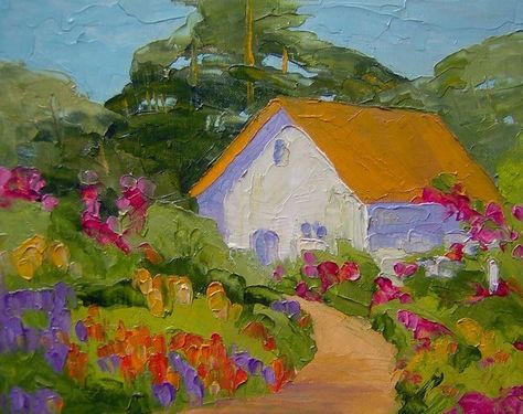 California Cottage, Cottage Garden Roses, French Landscape, Grass Painting, Cottage Painting, Plein Air Landscape, Impressionist Landscape, Impasto Painting, Garden Painting