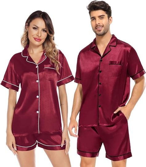 Couple Satin Matching Pajamas Sets Couple Silk Button Down Nightwear Short Sleeve Sleepwear 2 Pieces Loungewear with Shorts  Wine Red Long Sleeve Cami Top, Couple Sleepwear, Silk Pj Set, Satin Sleepwear, Mens Pajamas Set, Pajamas Sets, Pajamas Comfy, Satin Pyjama Set, Matching Pajamas