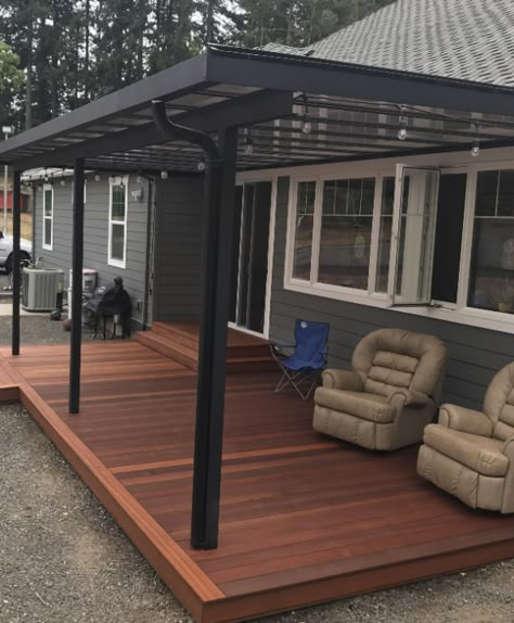 Back Patio Roof Extension, Awning Off Back Of House, Metal Roof Deck Cover, Diy Deck Awning Ideas, Awning Ideas Patio Metal Roof, Covered Decking Ideas Outdoor, Covered Side Porch Ideas, Small Townhouse Backyard Ideas Patio, Small Deck Covering Ideas