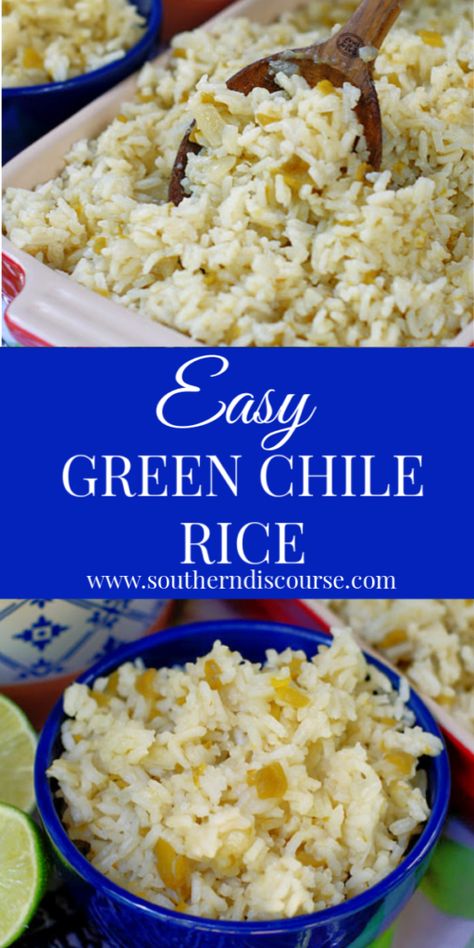 Easy Green Chile Rice - a southern discourse Chili Rice Recipe, Green Chili Rice, Green Chile Rice, Starch Sides, Rice Salads, Southern Discourse, Chili Rice, Cheese Rice, Rice Side