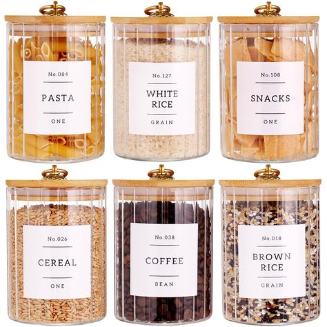 PRICES MAY VARY. PACK OF 6: 6*glass food storage jars (22Oz - 4.7'' × 3.5''), Tall volume and small footprint is perfect for Coffee Bar and Counter Top. EASY TO USE: The glass canisters with airtight lids of have metal buckles that allow the storage jar to be easily opened for easy access to items, and are dishwasher and microwave safe. (Tip: Do not put wooden lids with metal buckles in the dishwasher or microwave) WIDELY USED: Glass jar with bamboo lid are ideal for storing a variety of dry foo Organisation, Sticker Template Printable, Pantry Labels Template, Kitchen Pantry Labels, Diy Candle Labels, Beautiful Pantry, Kitchen Looks, Kitchen Labels, Labels Design