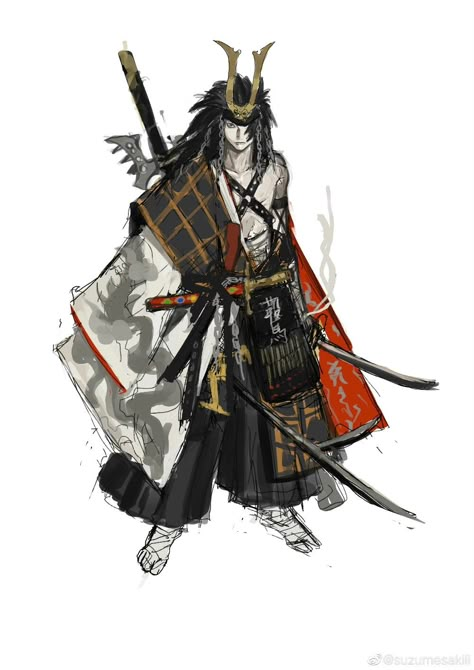 Wandering Samurai Character Art, Oni Clothes Design, Japanese Samurai Character Design, Oni Drawing Character Design, Samurai Clothing Character Design, Cosmos Character Design, Samurai Design Concept Art, Japanese Armor Design, Samurai Reference Pose