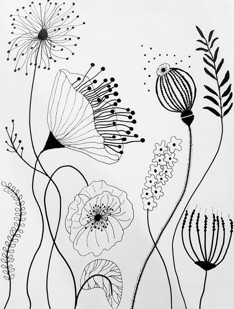 Boho Flower Drawing Illustrations, Sgraffito Flowers Design, Black Pen Flower Drawings, Floral Marker Art, Drawing Abstract Flowers, Doodle Flower Art, Line Embroidery Design Patterns, Black White Sketches Drawing, Zen Tangle Drawings