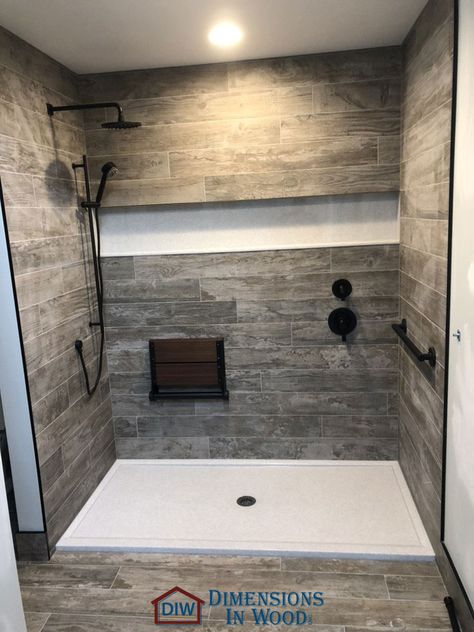 Walk In Shower With Accent Tile, Walk In Shower With Stone Floor, Tile Shower With No Door, Custom Showers Walk In Diy, Small Bathroom Walk In Shower Ideas Gray, Wood Look Tile Floor Bathroom Shower Walls, 3x5 Walk In Shower With Bench, Walk In Shower Ideas With Bench Tile, 48x60 Shower Ideas