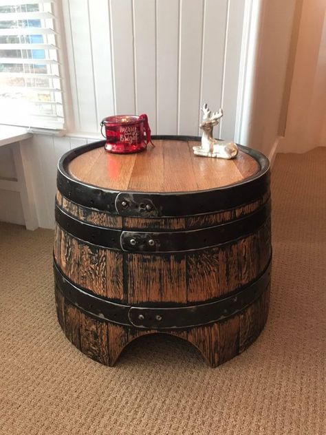 Rustic whiskey barrel tables | Etsy Barrel Tables, Recycled Barrel, Whiskey Barrel Table, Barrel Coffee Table, Barrel Projects, Whiskey Barrels, Barrel Table, Whisky Barrel, Barrel Stave