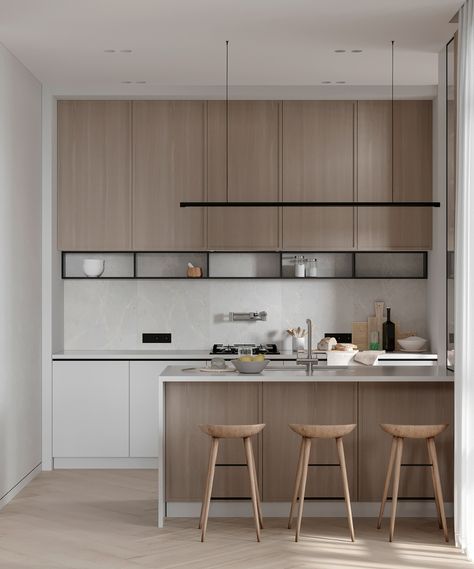 IRPEN. FIRST FLOOR on Behance Small Minimalist Kitchen, Modern Condo Kitchen, Modern Contemporary Kitchen Design, Peninsula Kitchen, Minimal Kitchen Design, Modern Minimalist Kitchen, Square Kitchen, Kabinet Dapur, Condo Kitchen