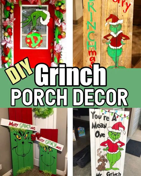 Grinch Christmas Decorations-DIY Decor, Trees, Wreath Ideas & More For 2023 Pallet Grinch Signs, Metal Yard Art Grinch, Grinch Hanging From Wreath, Grinch Pallet Tree, Grinch Diy Outdoor Decorations, Diy Wooden Grinch, Wood Grinch Christmas Decorations, Grinch Mailbox Ideas, Grinch Theme Office Decorations