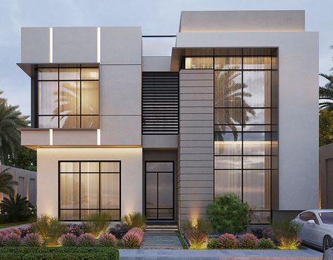 Modern Villa Facade Exterior Design, Villa Facade Design Architecture, Modern Villa Exterior Facades, Villa Modern Exterior, Villa Facade Design Modern, Modern Villa Design Exterior, Modern Houses Architecture, Small Villa Design, Modern Villa Architecture