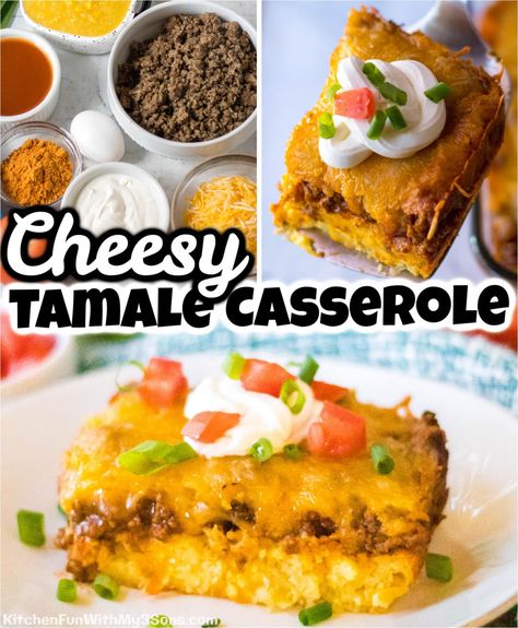 This Tamale Casserole is a moist layer of a sweet cornbread crust topped with seasoned beef, enchilada sauce and cheese. This quick Mexican dinner idea is a family favorite! Cornbread Enchilada Casserole, Tamales Casserole Recipe, Beef Tamale Casserole, Beef Enchilada Sauce, Tamales Pie, Tamale Pie Casserole, Easy Tamale Pie, Cornbread Crust, 2023 Meals