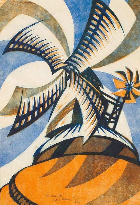 Sybil Andrews - The Windmill (1933) Sybil Andrews, Auckland Art Gallery, Futurism Art, Milwaukee Art Museum, Milwaukee Art, Art Et Illustration, Art And Illustration, Linocut Prints, Art Movement