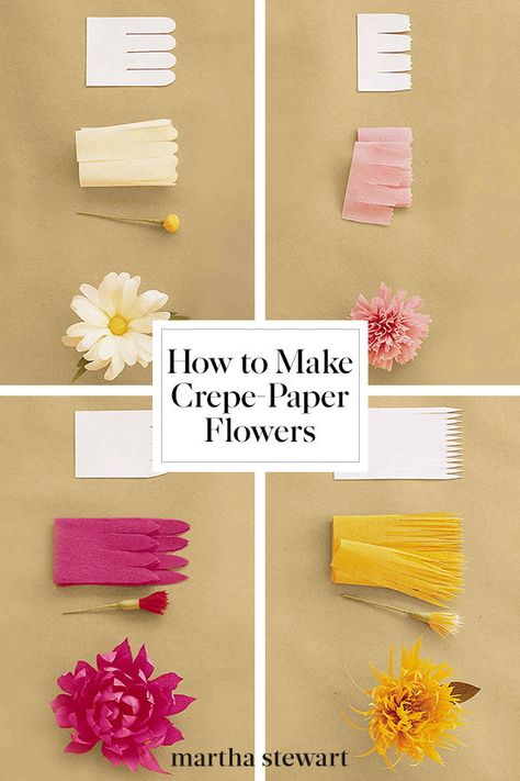 How to Make Crepe Paper Flowers | Crepe-paper flowers capture the essence of flowers without all the botanical details.  Their whimsy makes them not only a pleasure to behold, but also an enjoyable project to undertake.  Plus they're far more durable than their natural cousins-and won't wilt and droop.  Find out here how to make tulips, peonies, lilies, roses and more.  #crafts #paperflowers #marthastewart #papercraft Crepe Paper Roses Tutorial, Giant Paper Roses, Paper Rose Template, Crepe Paper Roses, Tissue Paper Flowers Diy, Paper Flowers Wedding, Large Paper Flowers, Paper Flower Template, Crepe Paper Flowers