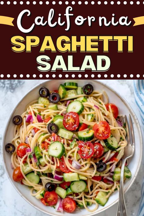 This California spaghetti salad is a fun twist on a classic! With long spaghetti noodles, colorful vegetables, and a cheesy vinaigrette, everyone will love it. California Pasta Salad Recipe, Essen, Salads With Spaghetti, Spaghetti Summer Salad, Spaghetti Pasta Salad Recipes, Spaghetti Noodle Salad, Spagetti Salad Recipes Cold, Pasta Salad With Spaghetti Noodles, California Salad Recipe