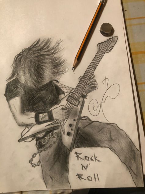 Rock Music Art Drawing, Cool Things To Draw On Your Arm, Rock Hand Drawing, Rockstar Drawing, Guitar Draw, Skateboard Drawing, Music Art Drawing, Nirvana Art, Electric Guitar Art