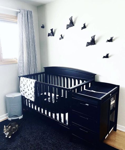 Black Nursery Aesthetic, Alt Baby Nursery, Emo Nursery, Tim Burton Nursery, Goth Kids Room, Dark Baby Room, Gothic Kids Room, Goth Baby Room, Goth Nursery Ideas