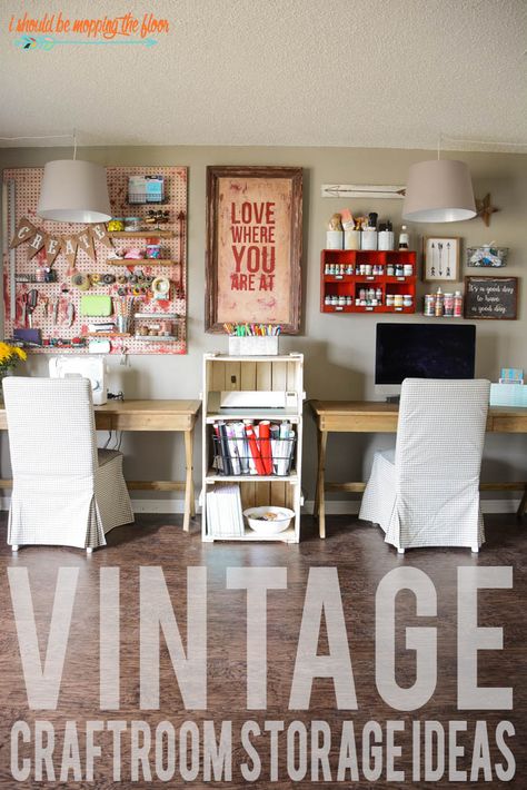 Two Person Craft Room, Garage Hobby Room, Vintage Sewing Room Inspiration, Vintage Craft Room Storage Ideas, Victorian Craft Room, Vintage Craft Room Organization, Vintage Craft Room Decor, Eclectic Craft Room, Craft Room Vintage