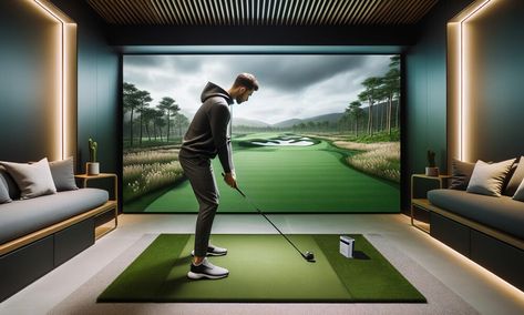 Golf In House, Golf Simulator Room Dimensions, Golf Simulator Movie Room, Diy Golf Simulator Enclosure, Golf Simulator Room Man Caves, Home Golf Simulator Room, Golf Simulator Basement, Golf Simulator Garage, Golf Simulator Room Design