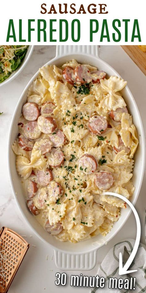 Alfredo Kielbasa Pasta, Easy Alfredo Dinner Recipes, Alfredo And Sausage Pasta, Easy Sausage Alfredo Pasta, Turkey Sausage Alfredo Pasta, Easy Pasta Recipes Sausage, Sausage Pasta White Sauce, Easy Dinner Recipes Pizza, Easy Sausage Meals