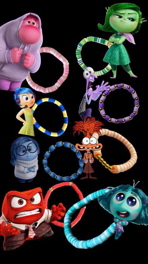 Inside out characters bracelet inspo Perler Bead Bracelet Ideas, Inside Out Clay Bead Bracelet, Inside Out 2 Bracelet, Inside Out 2 Bracelet Ideas, Inside Out Bracelet Ideas, Disney Character Bracelets, Bracelet Ideas Best Friends, Bracelet Ideas Characters, Inside Out Bracelets