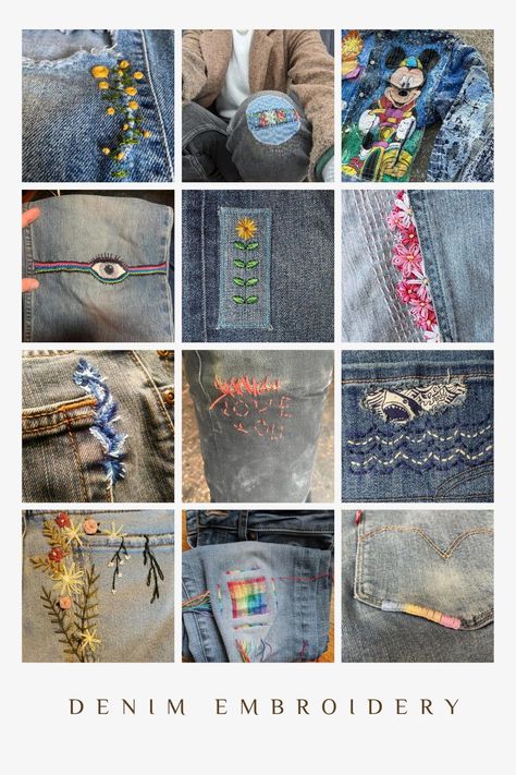 It’s time for you to revamp your denim game and patch your jeans using embroidery. Embrace visible mending and give your favorite jeans a new lease of life! Upcycling, Repairing Jeans With Embroidery, Patch Jeans Embroidery, Jean Rip Repair Embroidery, Jean Patches Ideas Embroidery, Visible Mending Jeans Inner Thigh, Fix Ripped Jeans Embroidery, Sashiko Mending Jeans, Jean Patches Ideas